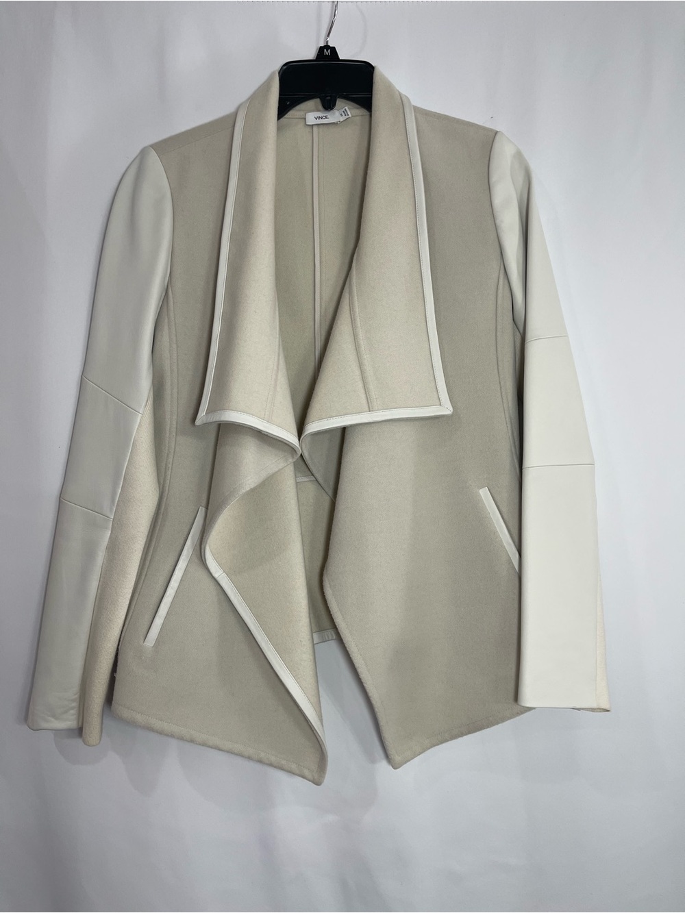 Vince Drape Front Two-Tone Open Jacket Cream & White wool blend lamb leather XS